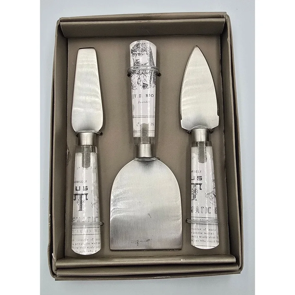Vintage Style Cheese Knife Set 3pc Stainless Steel Acrylic Graphic Handles Boxed